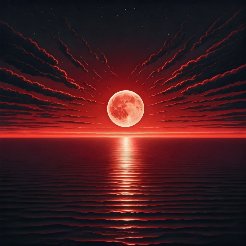 Blood Moon Oil Painting in Dark Water