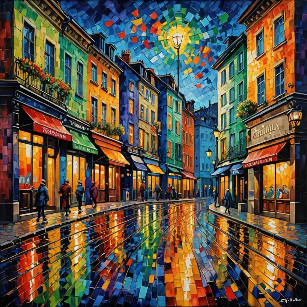 Festive Streetlights in Neo-Impressionist Style