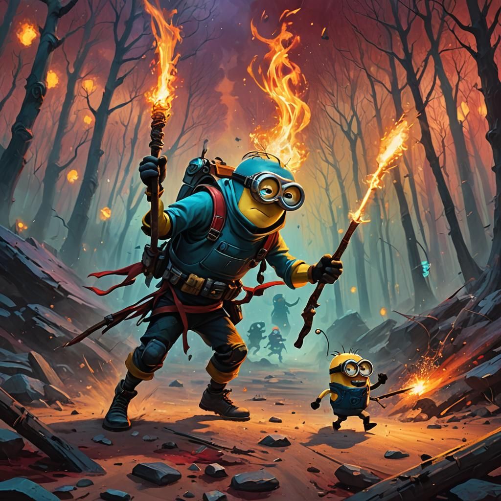 Minion vs Stick Figure: Fantasy Battle in Oil Paint