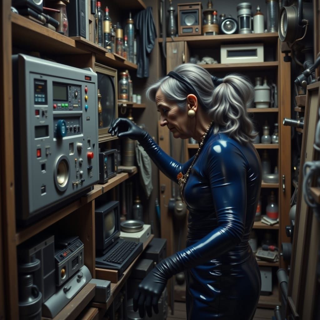 Elegant Woman in Blue Latex Cat Suit Dusts Shelves