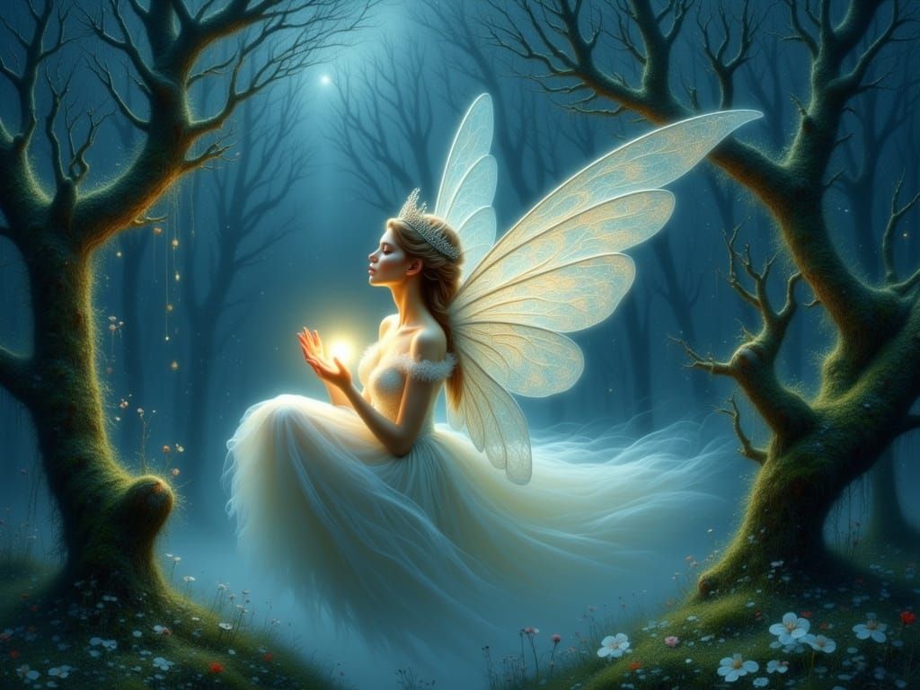 Regal Fairy Queen Illuminates Midnight Forest