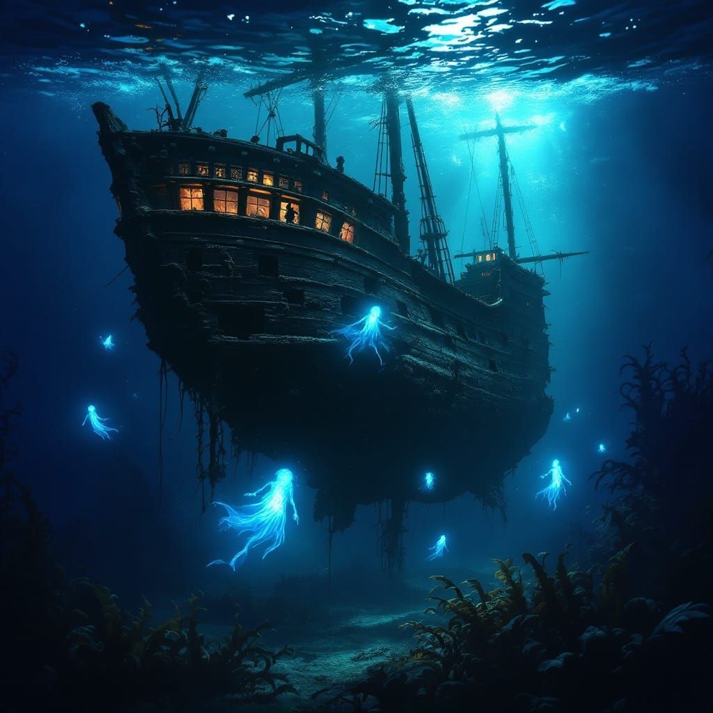 Ethereal Ghost Ship Resting Under the Sea