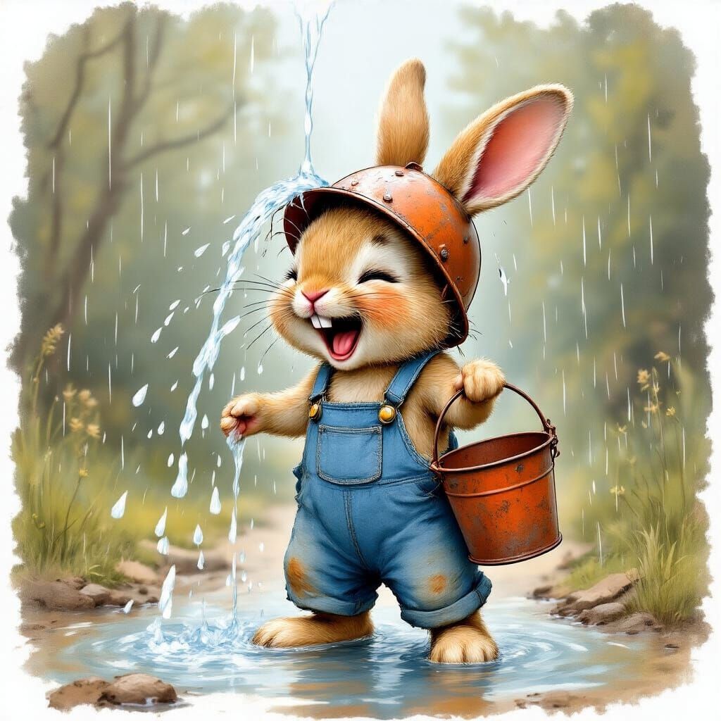 Joyful Bunny in Bucket Helmet Gets Drenched