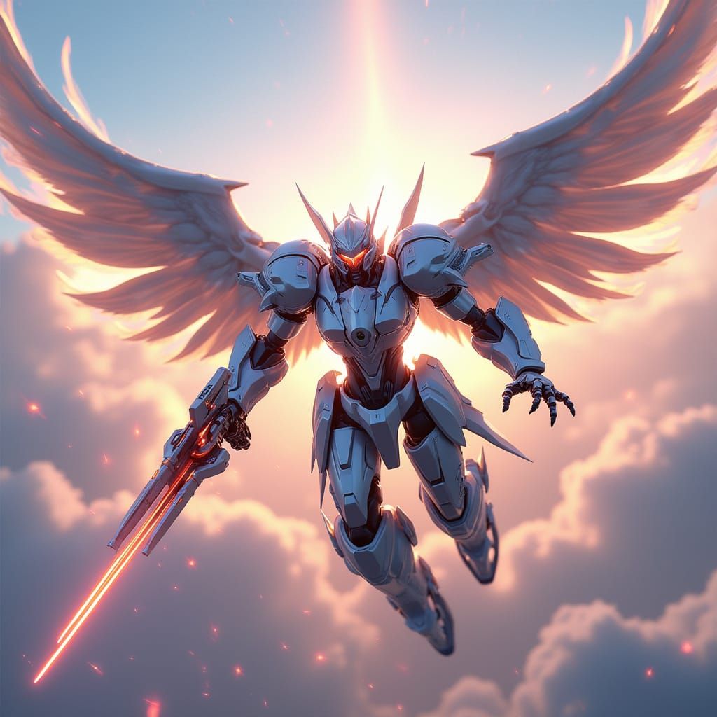 Robotic Angel Descends with Mechanical Wings