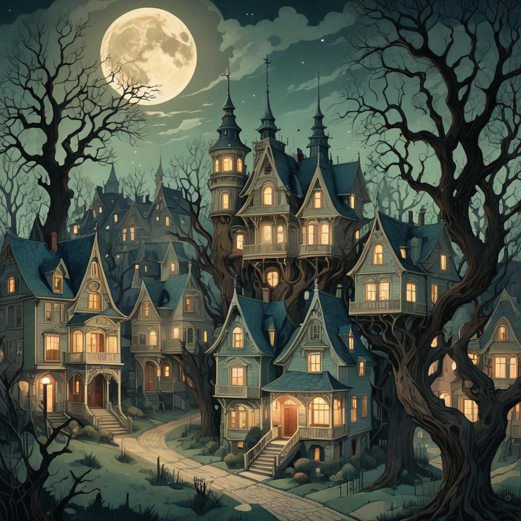 Mystical Small Town Illustration in Dreamlike Style