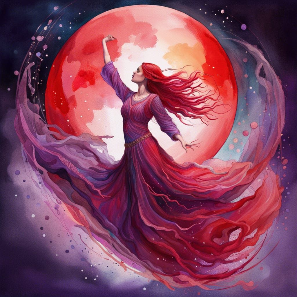 Watercolor Red Moon Girl Dancing: Hyperrealistic Splash Art
