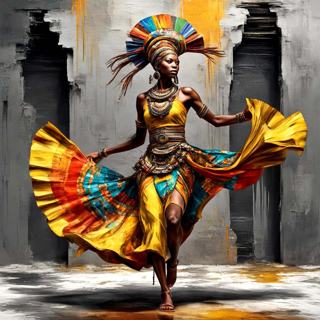 African Woman Stepping Through Wall in Glossy Oil Painting S...