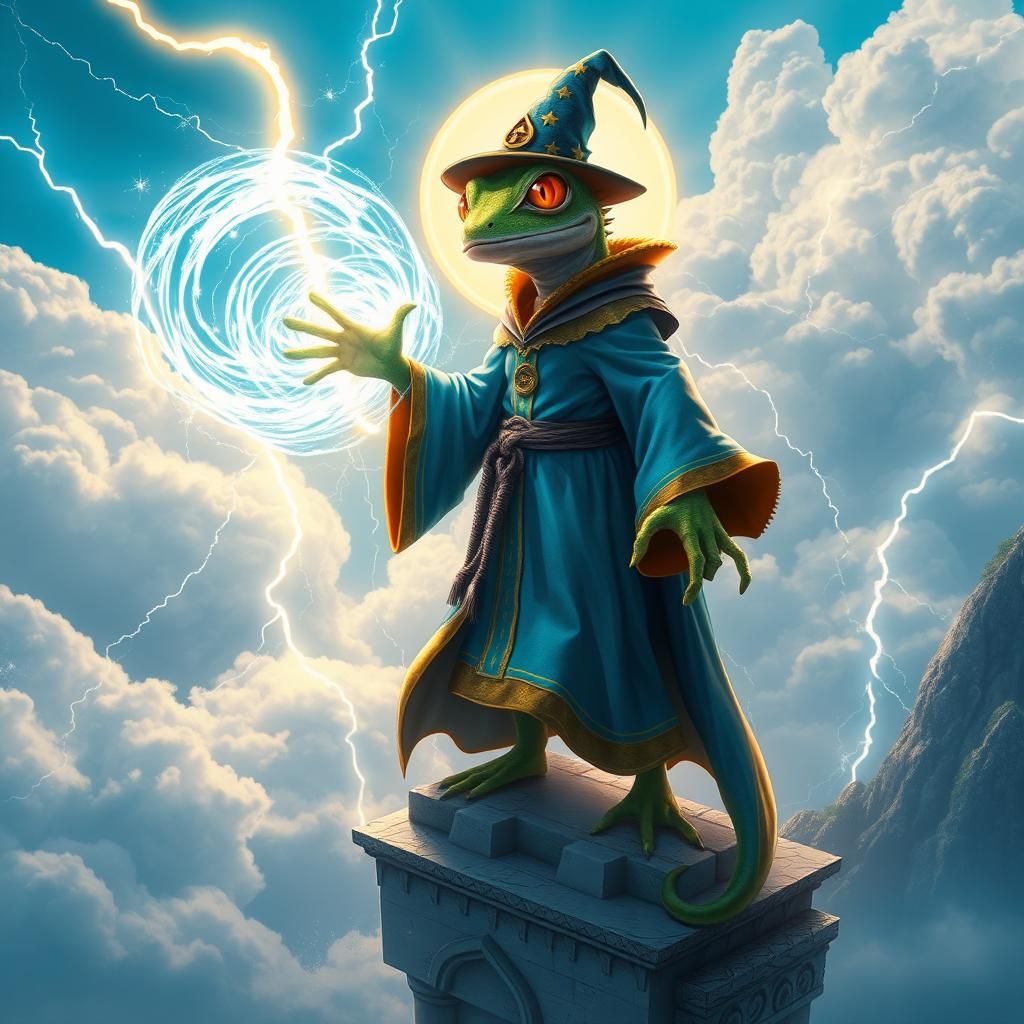 Gecko Mage Casting a Spell on a Tower