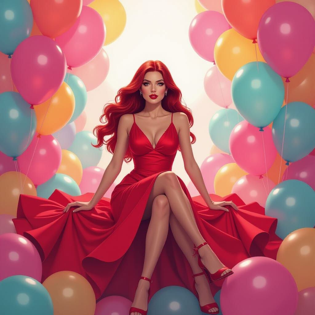 Scarlet Witch on Balloons in Whimsical Digital Art Style