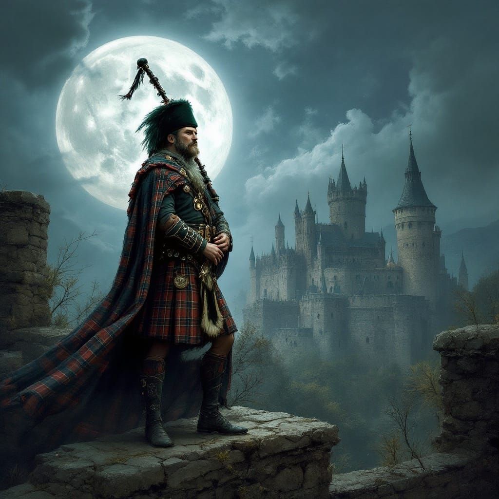 Bagpiper Silhouetted on Castle Battlements