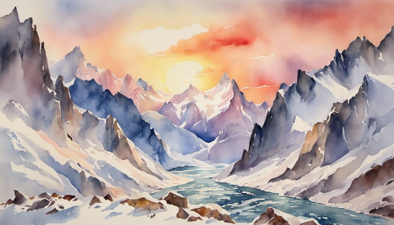 Watercolor Mountain Landscape with Sunset and Glacier