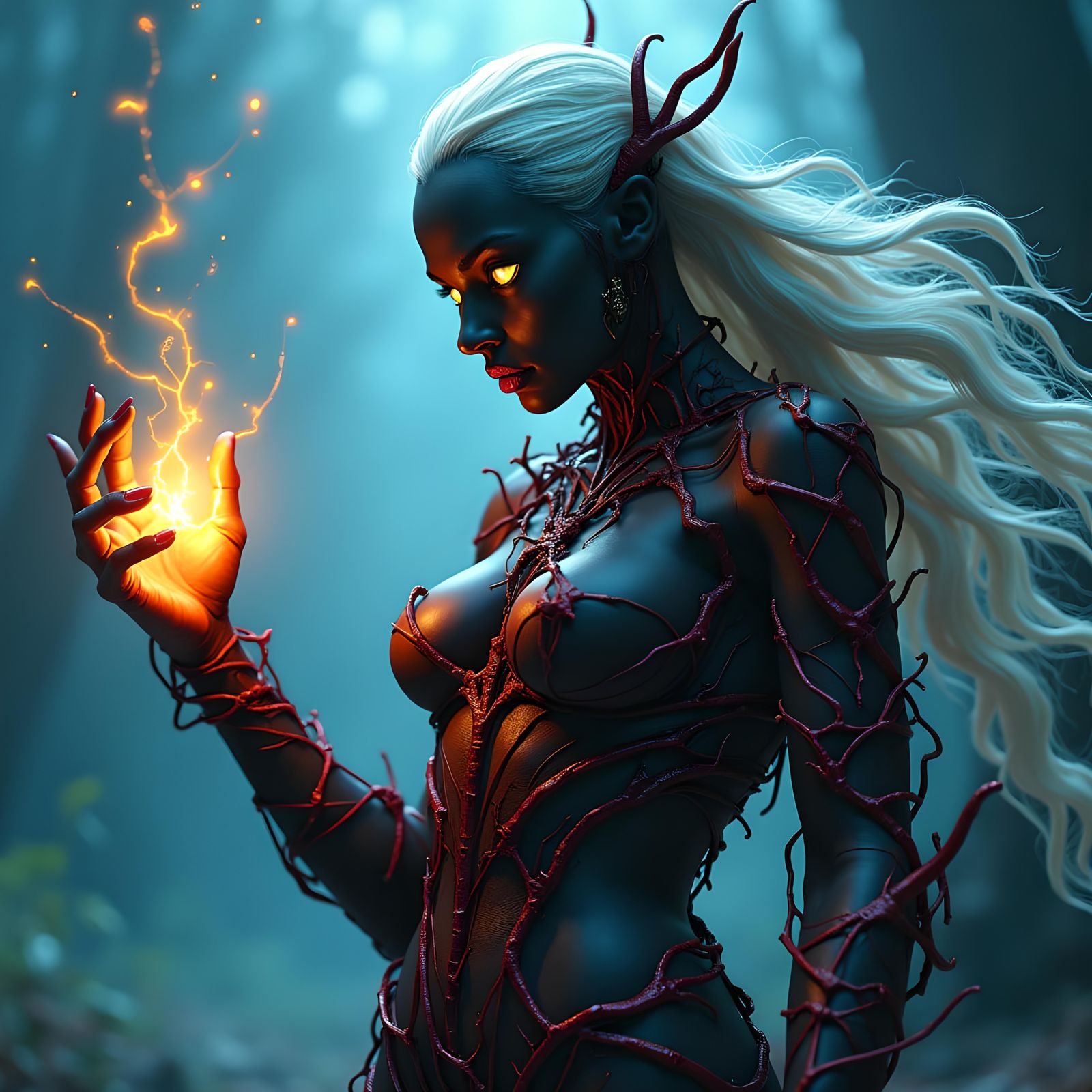Stern Drow Woman Casting a Spell in Fantasy Art
