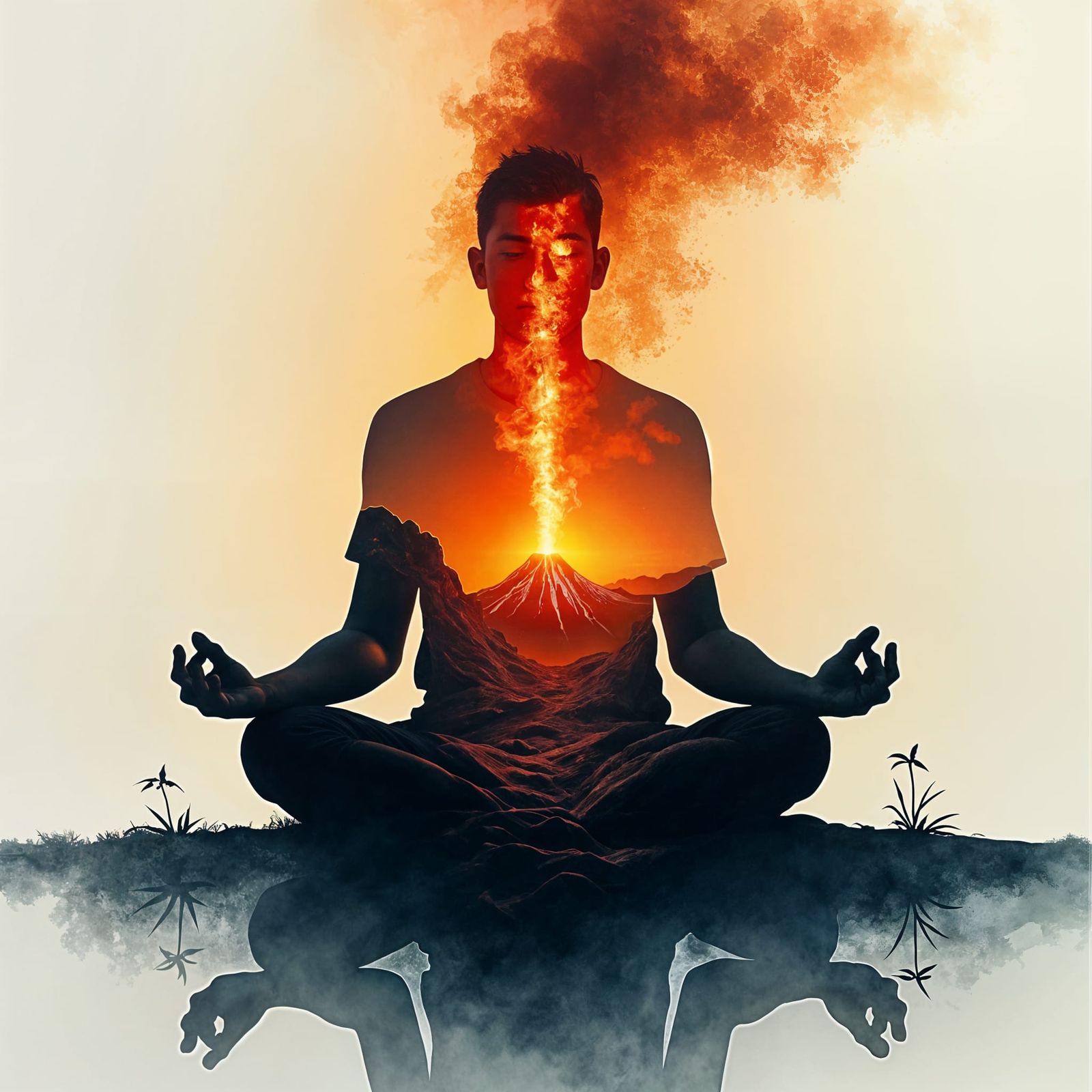 Meditator and Erupting Volcano Double Exposure