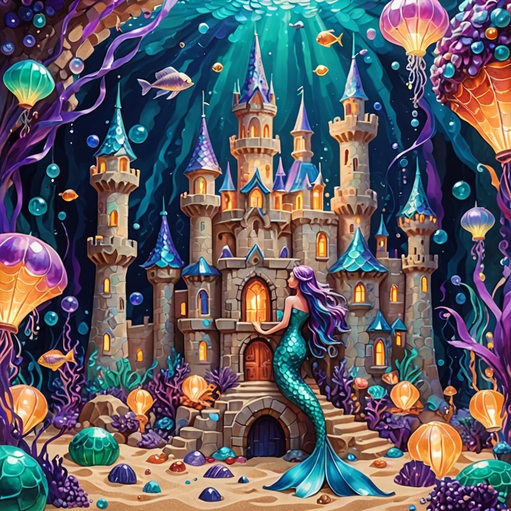 Mermaid's Glistening Underwater Sandcastle in Abstract Expre...