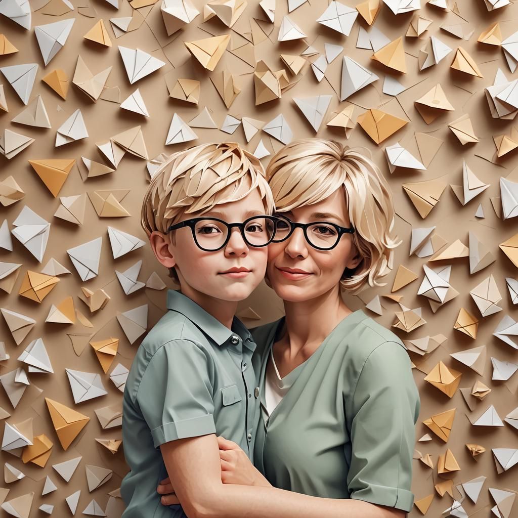 Mother and Son in Origami Papercraft Style