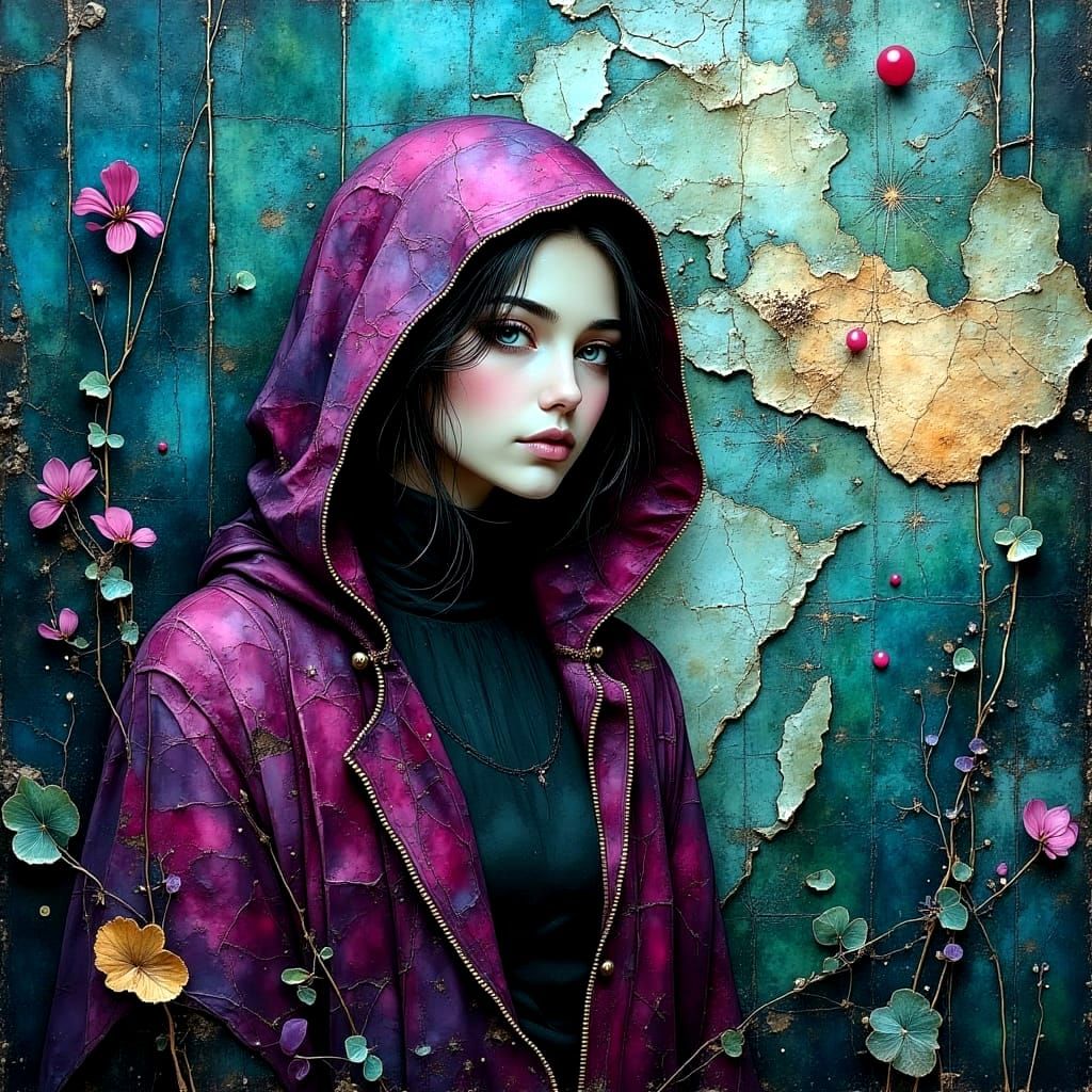 Cloaked Woman with World Map in Dreamscape Style