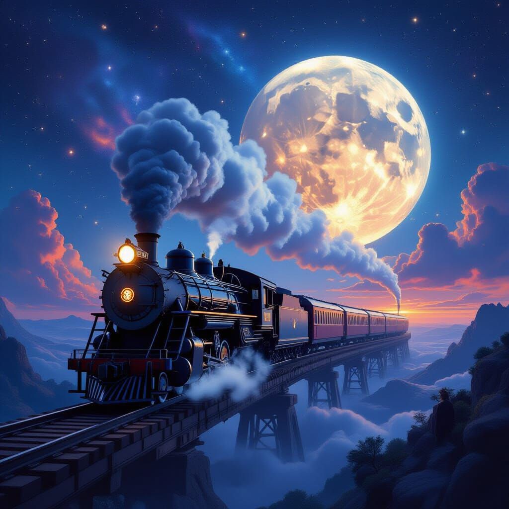 Cosmic Steam Train Traveling Between Moons