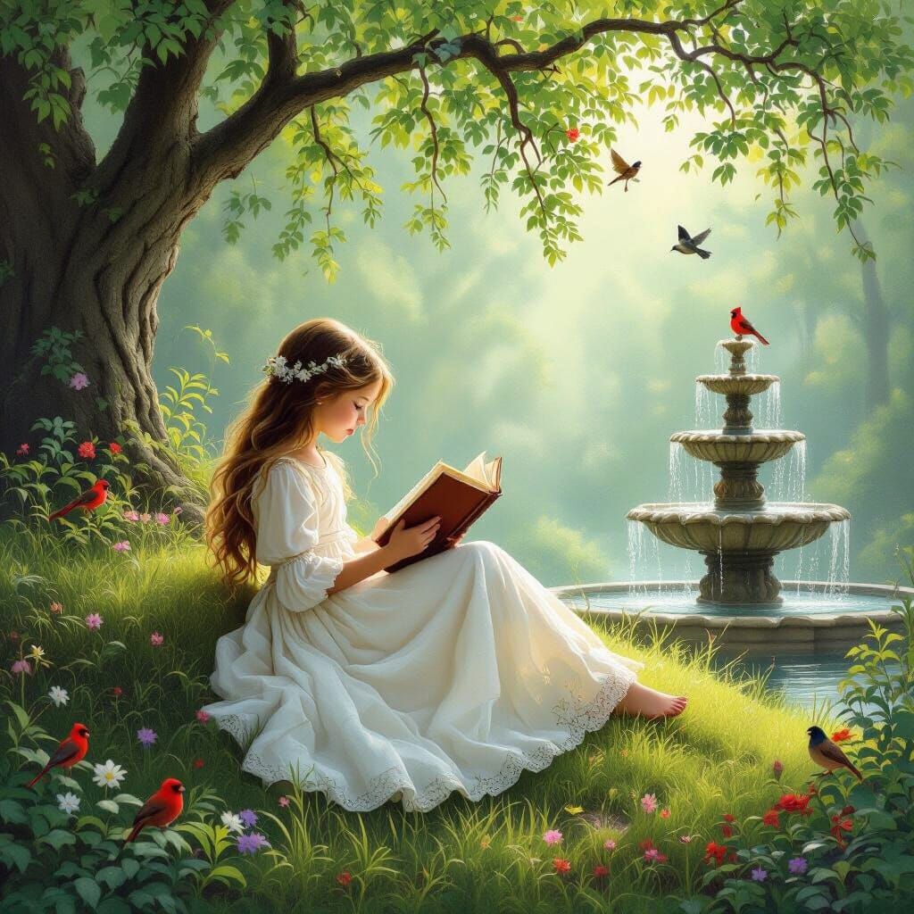Girl Reading in Enchanted Forest in Ethereal Style