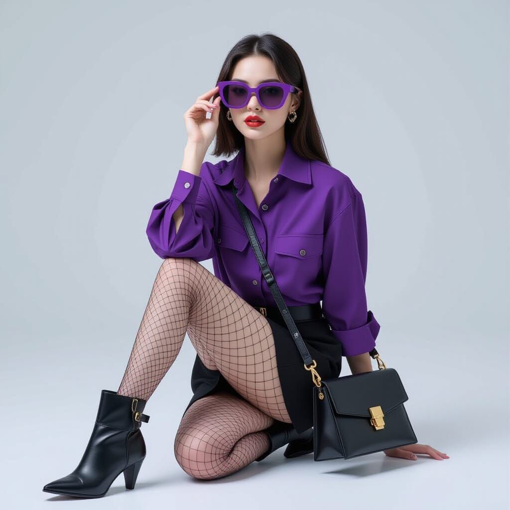 Woman in Plum Purple with Origami Papercraft Background