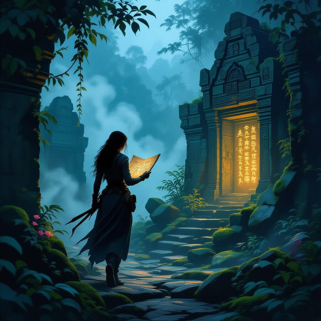 Adventurer Discovering Ancient Runes in Twilight Jungle