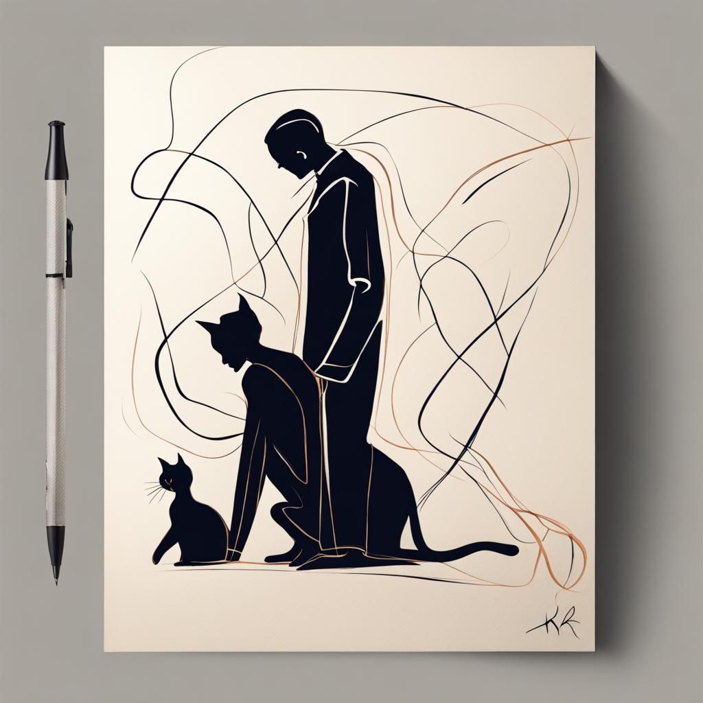 Abstract Minimalist Sketch of People and Cat