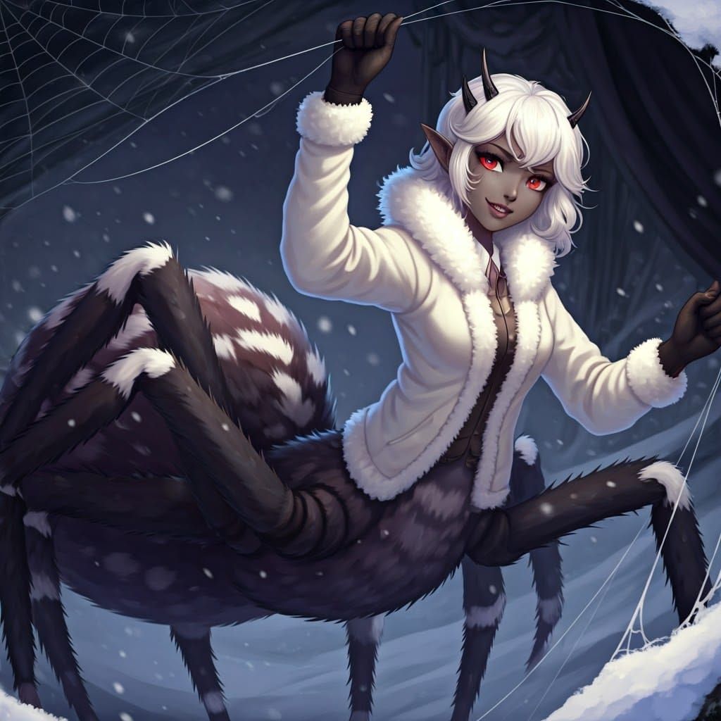Whimsical Arachne Woman Poses in Snowy Landscape