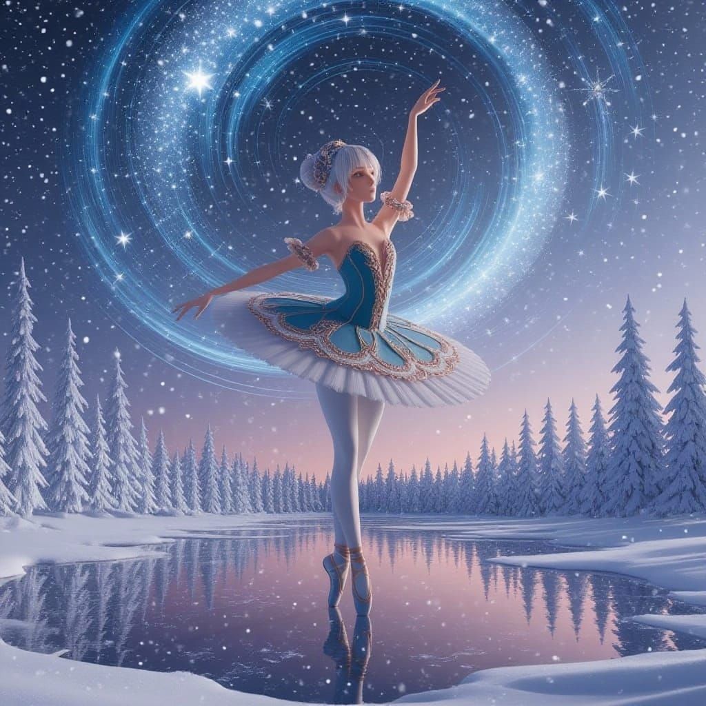 Ballet Dancer on Frozen Lake Under Starry Twilight Sky