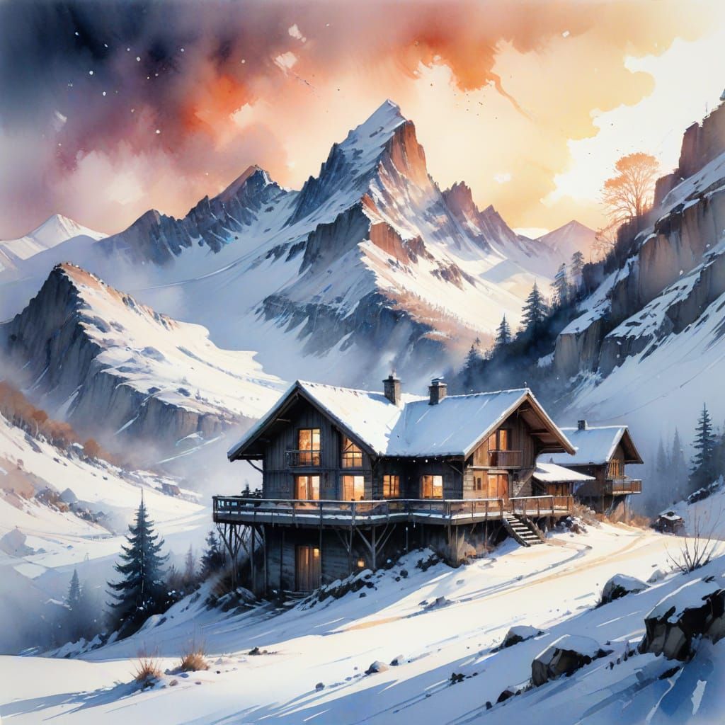 Winter Dawn Chalet: A Watercolour Painting