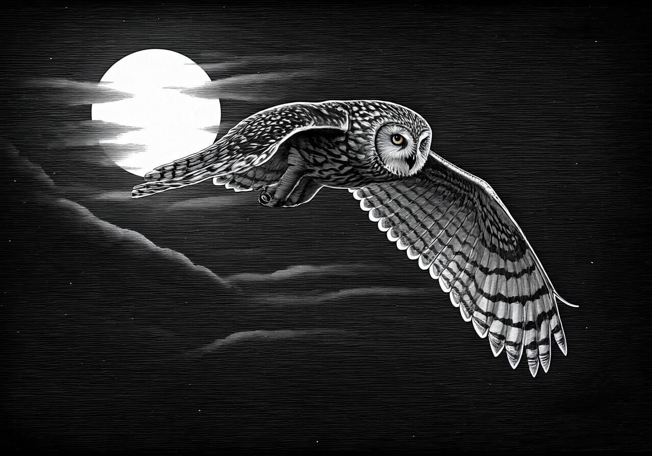 Moonlit Owl in Flight, Ink Drawing