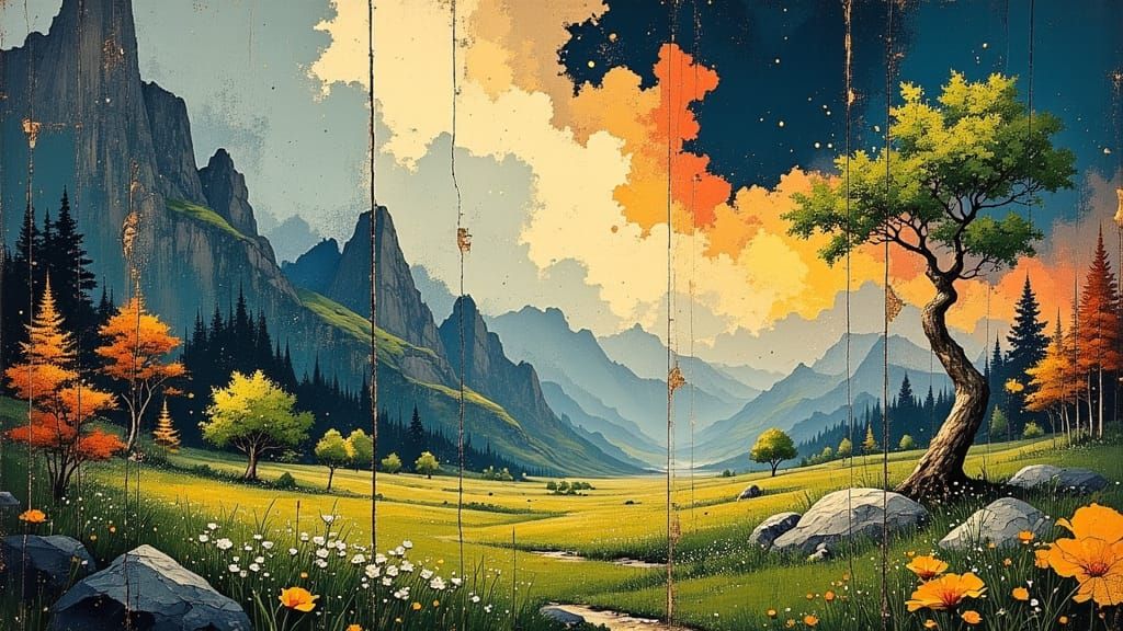 Four Seasons Landscape Under Aurora Borealis