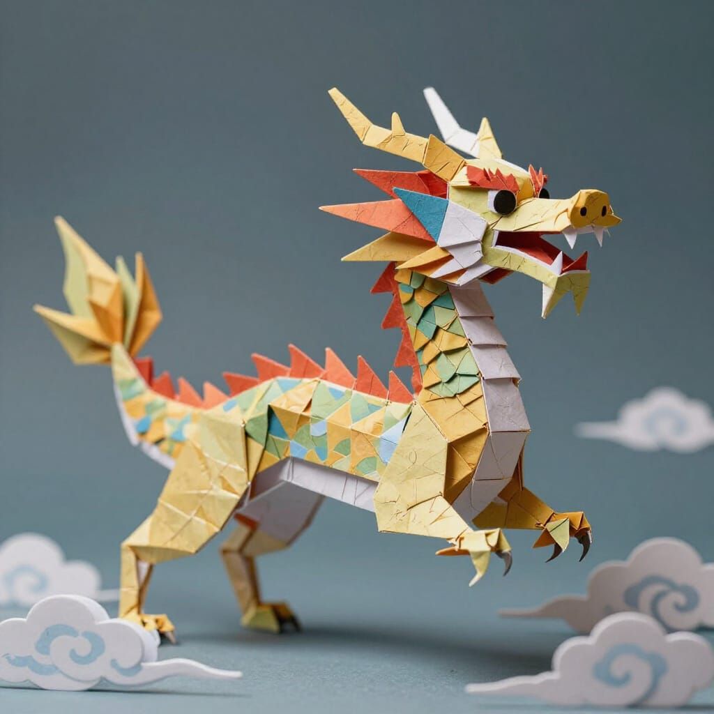 Origami Dragon in Flight Amidst Clouds Papercraft Style