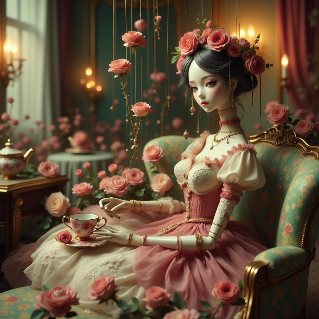 Marionette Awakens in Parlor with Roses and Tea