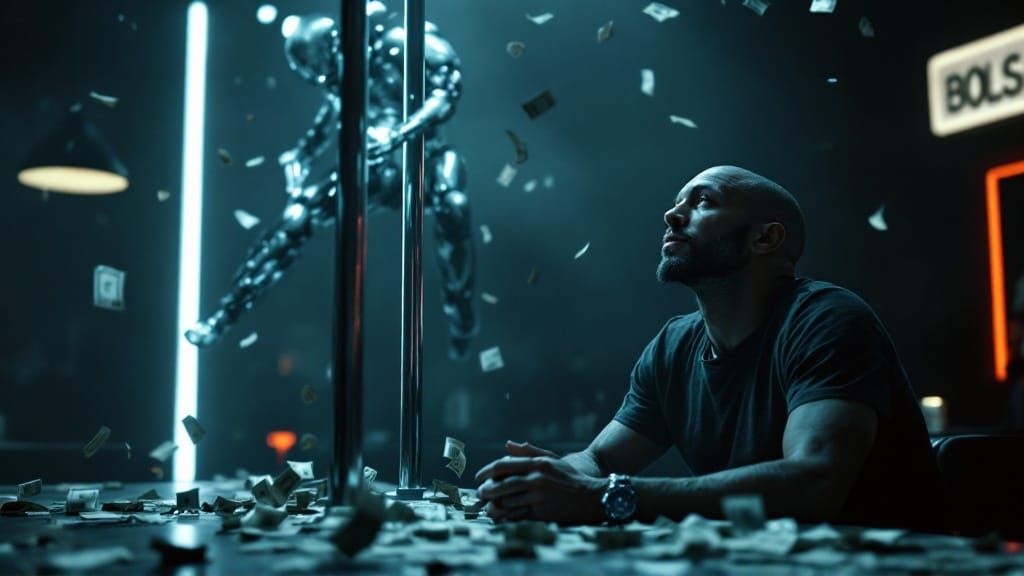 Chrome Robot Hypnotic Dance in a Cyberpunk Bar