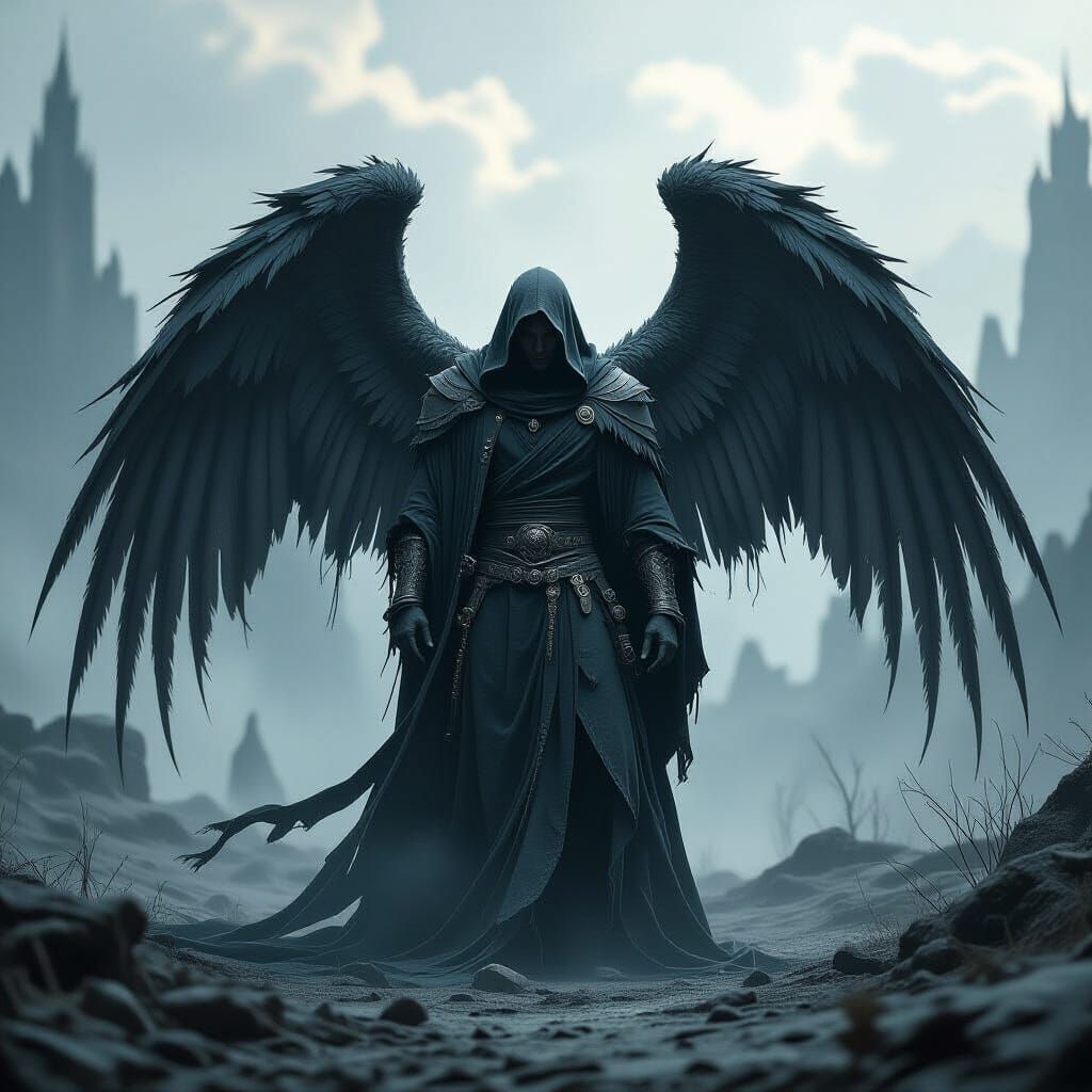 Fallen Angel in Desolate Landscape with Gothic Wings