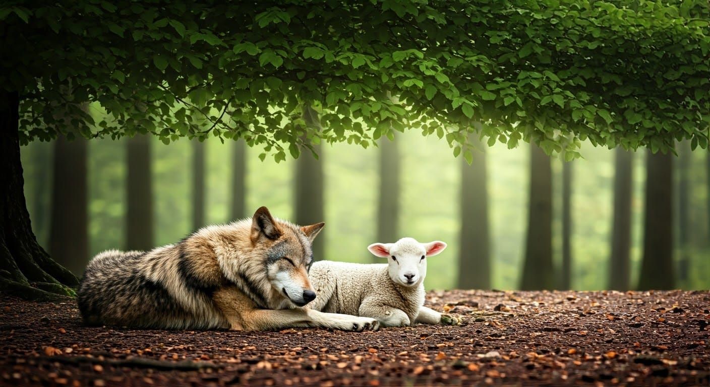 Wolf and Lamb in Forest Landscape