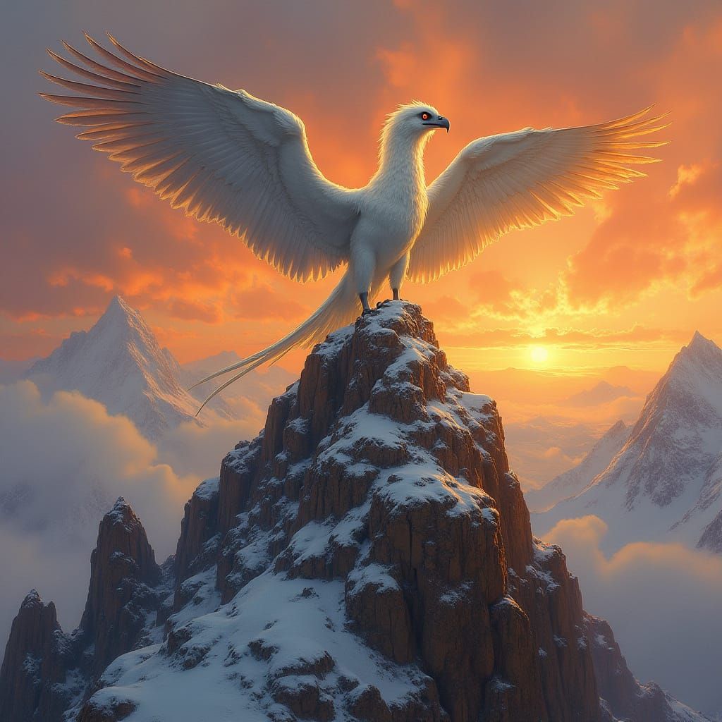 Griffin on Snowy Peak at Sunset: Classical Oil Painting