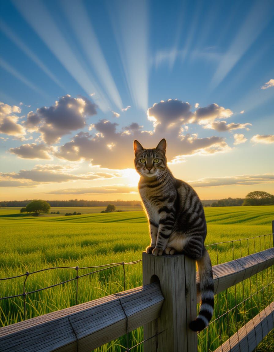 Tabby Cat on Fence Post at Golden Hour