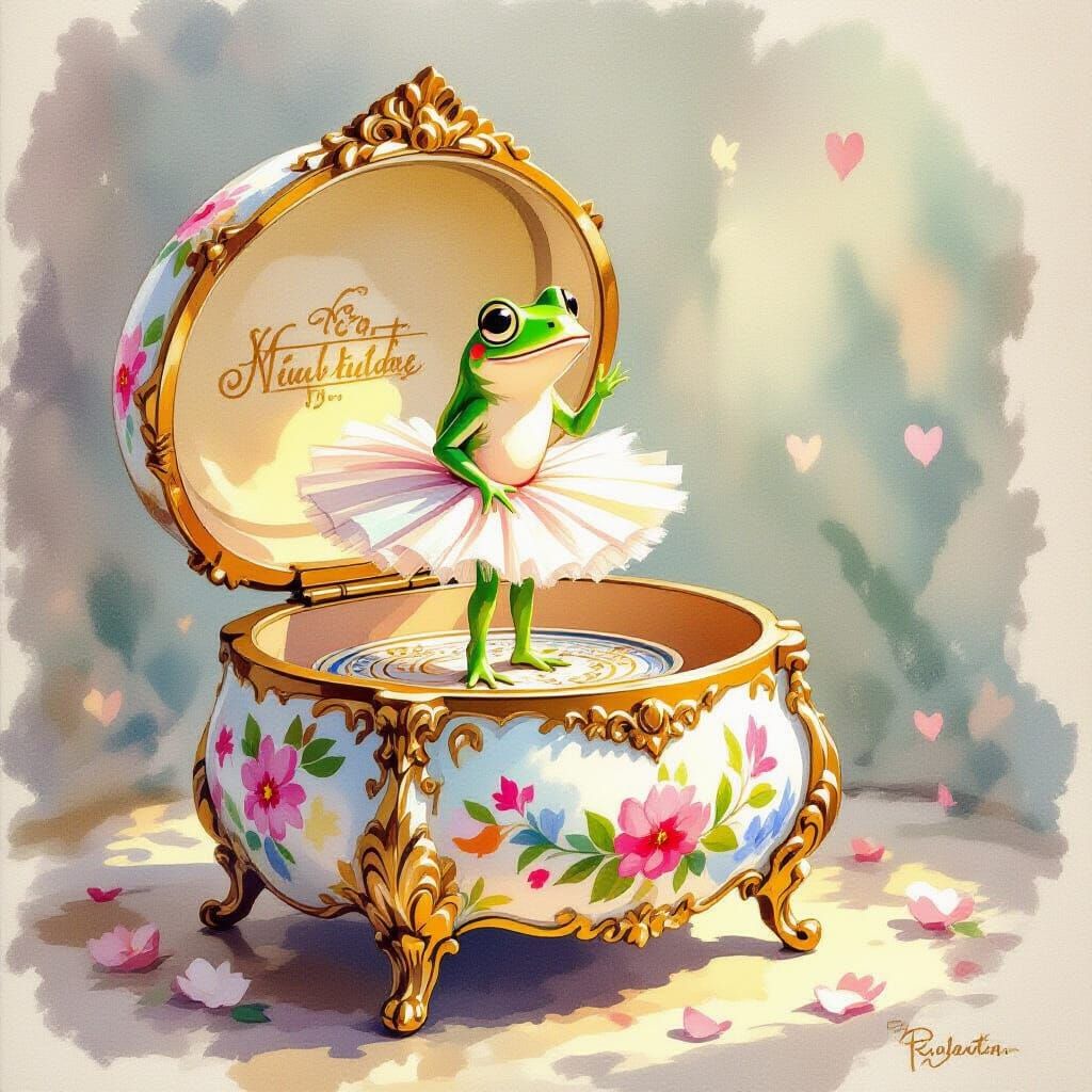 Frog Ballerina Music Box in Whimsical Watercolor Style