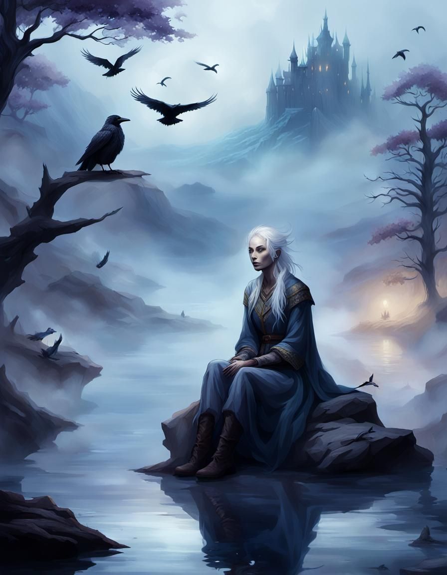 Ethereal Woman in Dark Fantasy Landscape