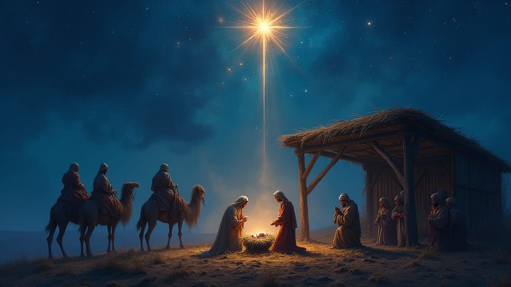 Cinematic Nativity Scene Under a Dramatic Night Sky in Digit...