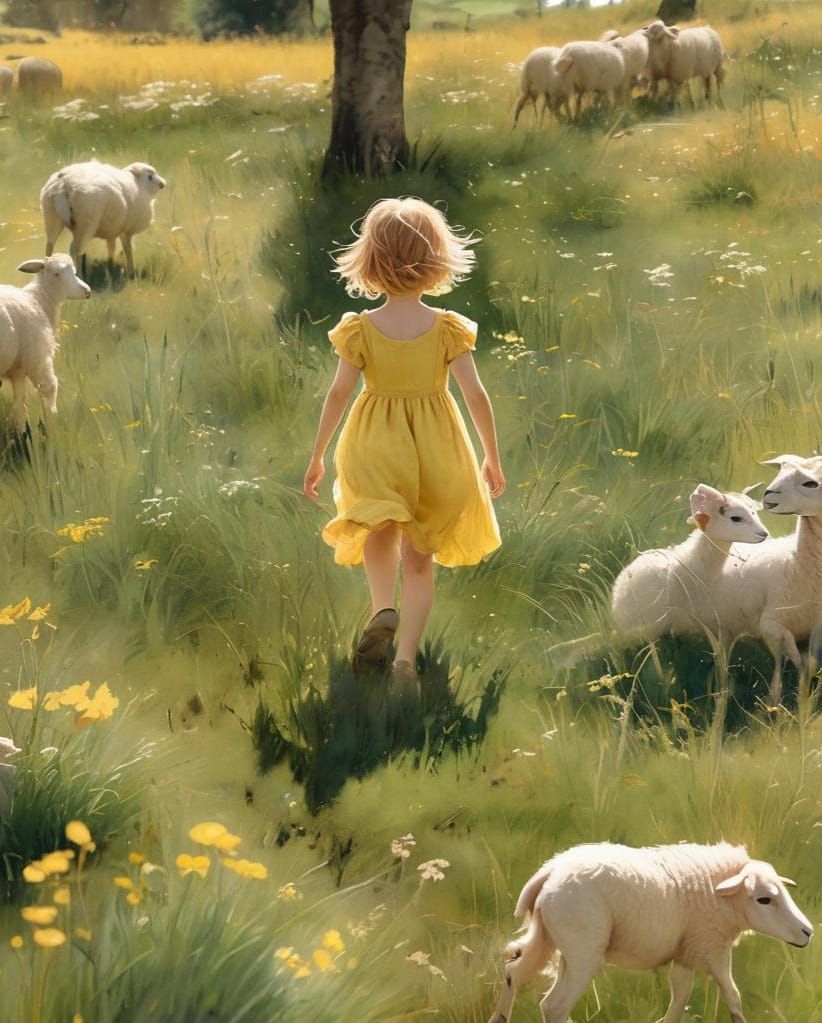 Anime Girl and Lambs in Meadow