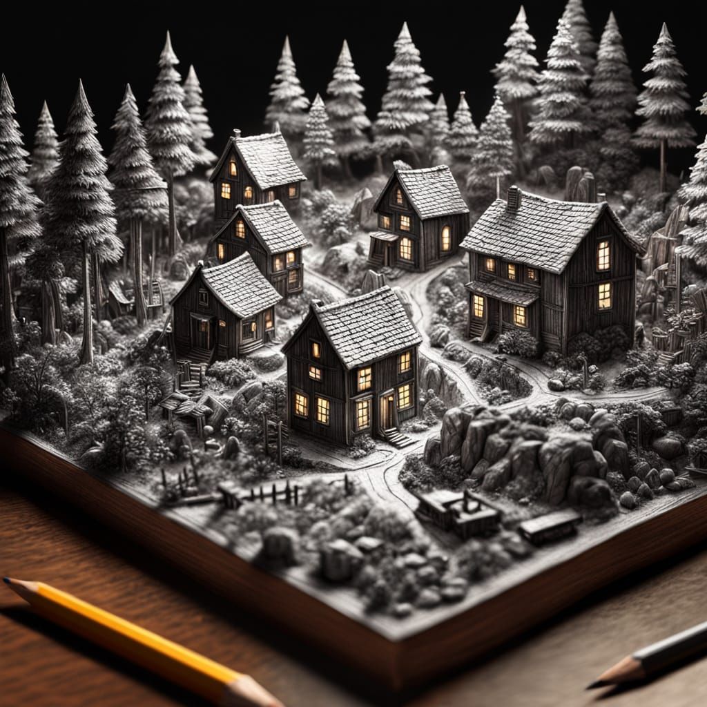 Intricate Village Diorama on Pencil Tip in Hyper-Realistic S...