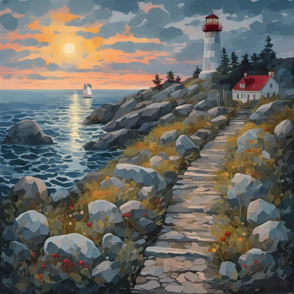 <lora:Winter PG:1.0> A dusk, a path leading to the lighthous...