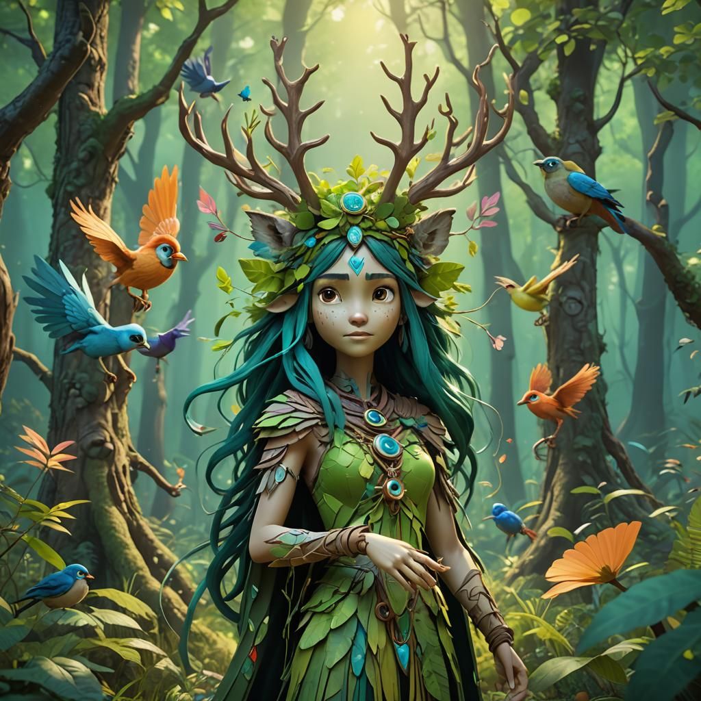 Female forest spirit, ancient magic fantastic forest, birds