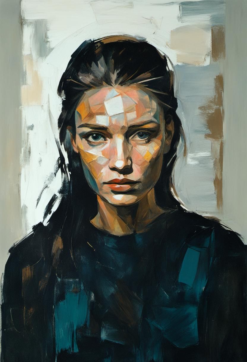Melancholic Female Portrait in Cubist Style