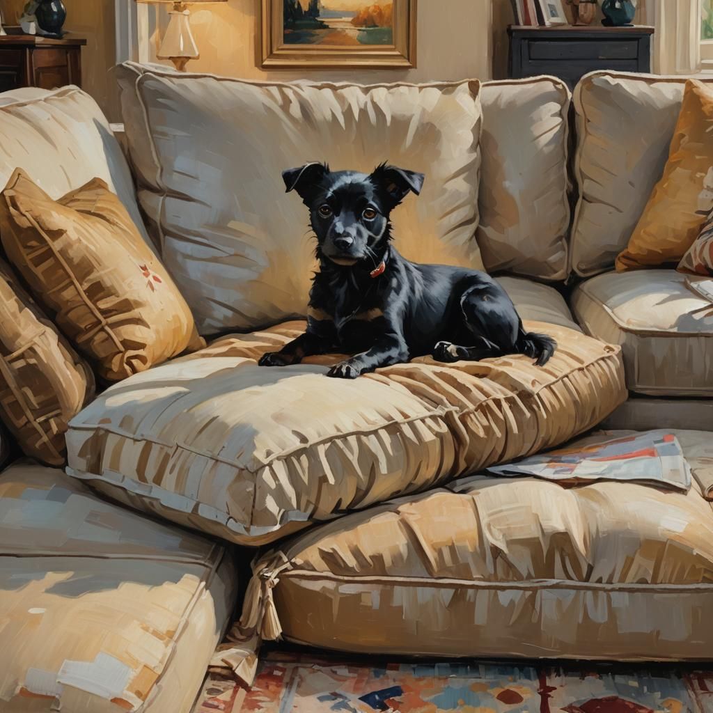 Small Black Dog in Impressionist Oil Painting