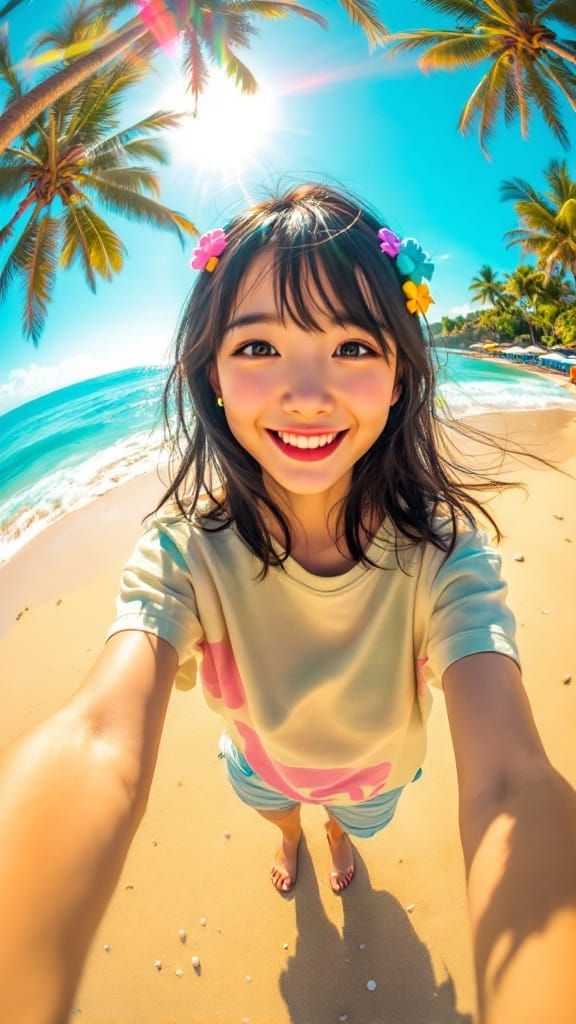 Cheerful Japanese Girl's Beach Selfie with Fisheye Lens