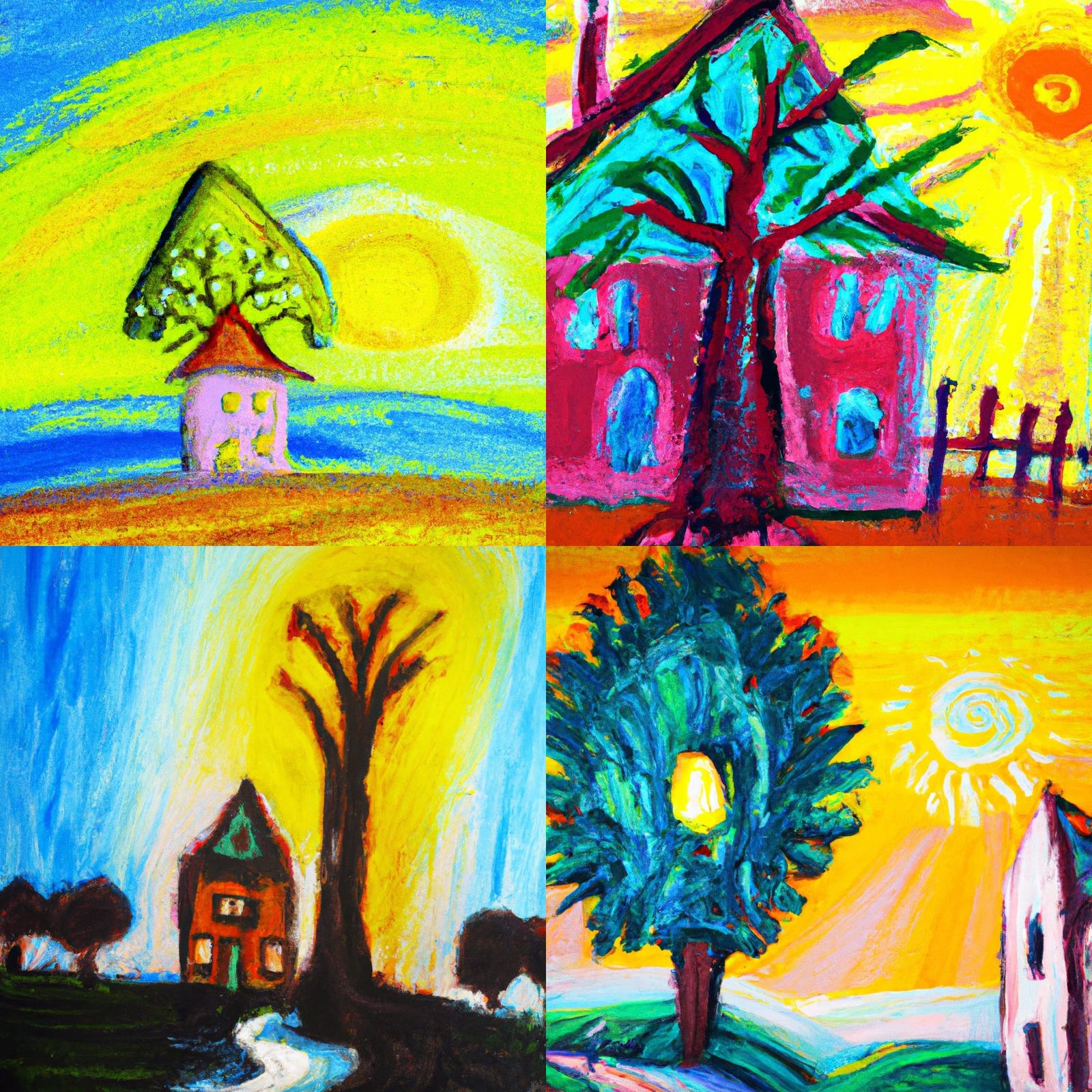 Surreal Crayon House in Neo-Impressionist Oil Painting
