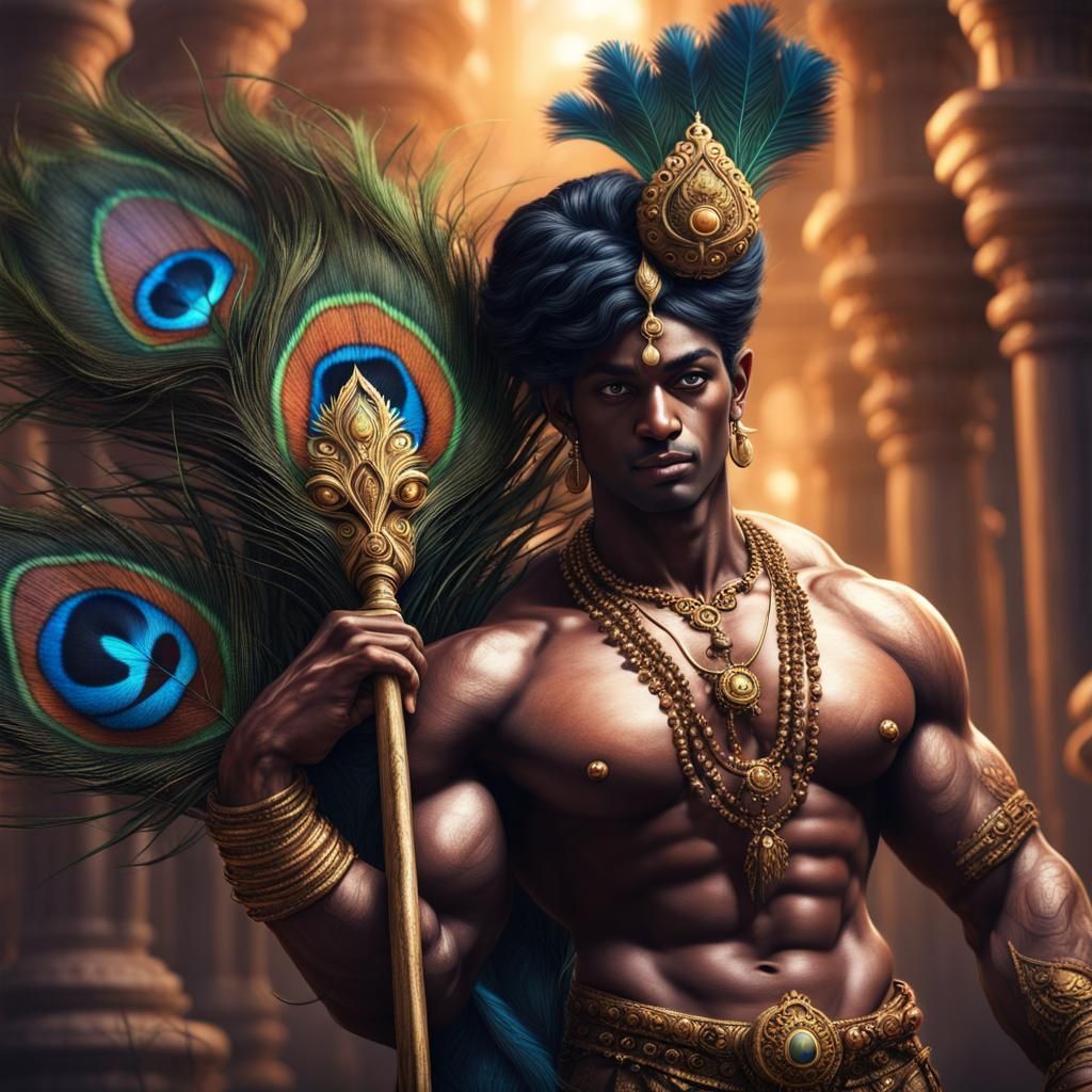 Powerful Krishna Bodybuilder with Peacock Feather