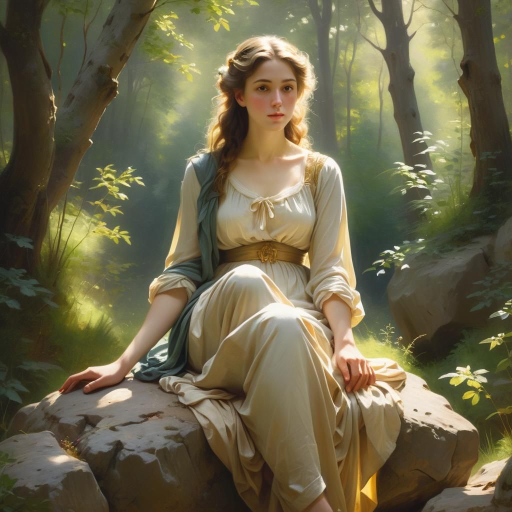 Charming Woman in Forest, Neoclassical Oil Painting